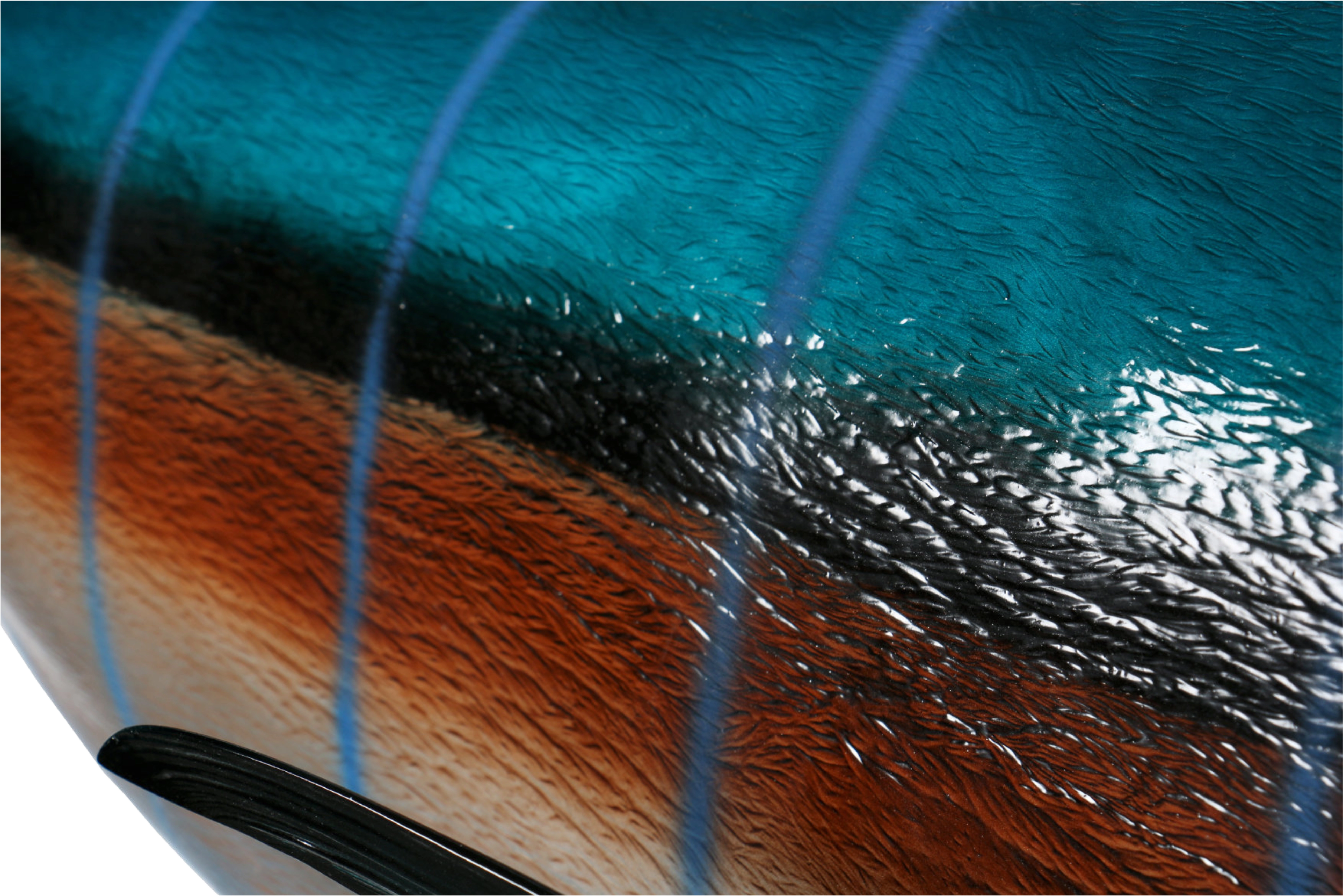 Macro of hand-painted marlin flank with cobalt bars over teal and copper